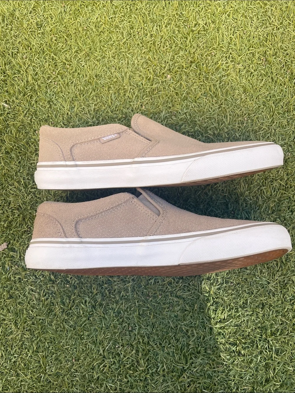Vans Classic Ortholite Slip-On Loafers in Taupe Suede with White Sole